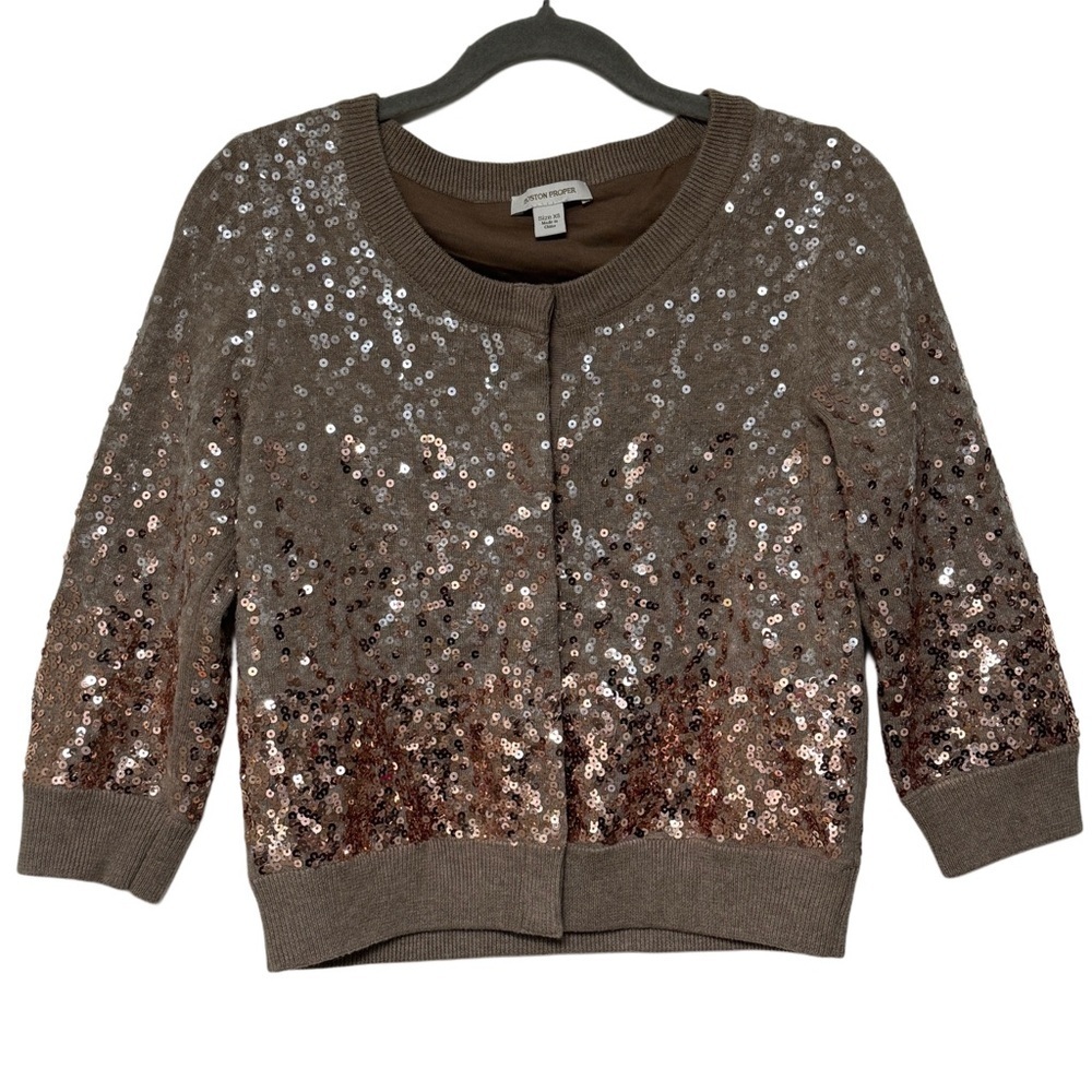 WSW1 {Boston Proper} Brown Ombre Sequin Metallic 3/4 Sleeve Cardigan Sweater